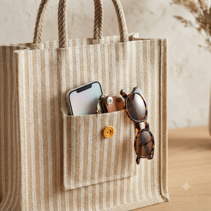 Striped Eco Tote Bag with Front Pocket & Button Accent 👜