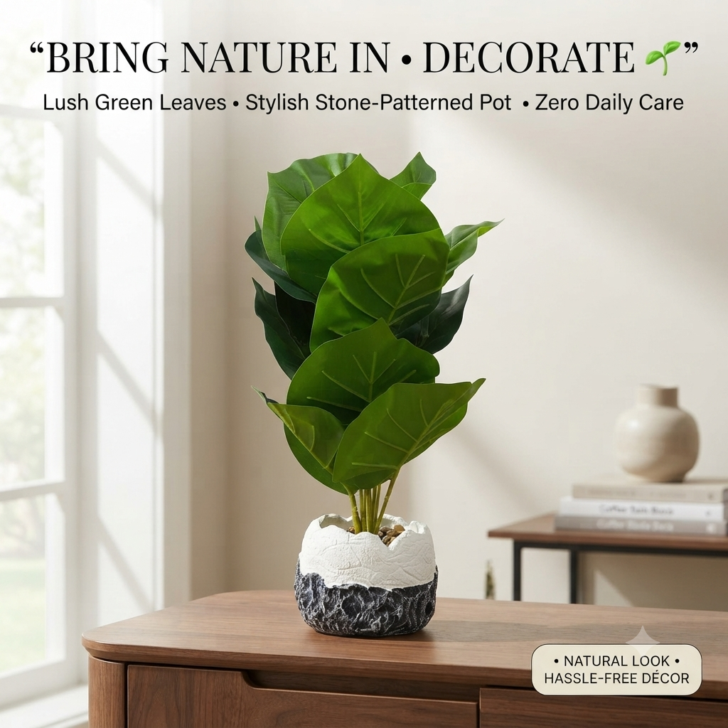 Artificial Large Green Leaves Plant with Decorative Stone Patterned Pot