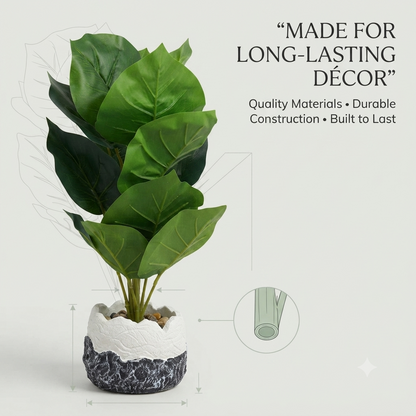 Artificial Large Green Leaves Plant with Decorative Stone Patterned Pot