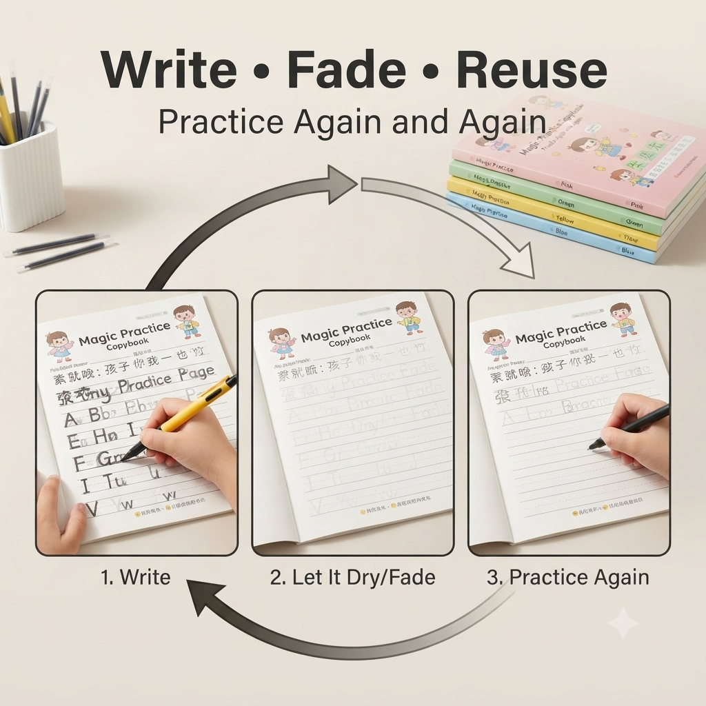 Magic Practice Copybook – 4 Books + Pen + 10 Refills ✍️