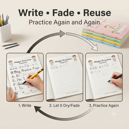 Magic Practice Copybook – 4 Books + Pen + 10 Refills ✍️