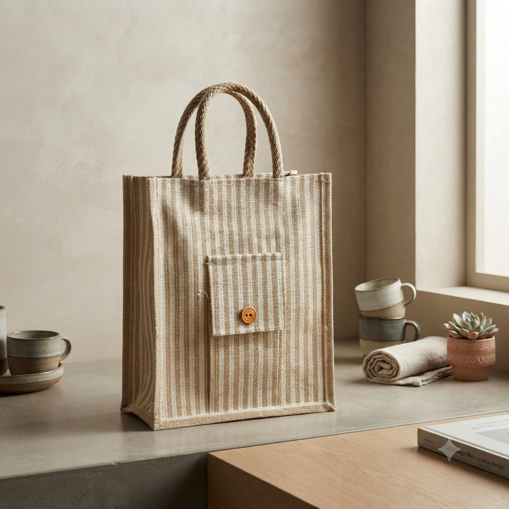 Striped Eco Tote Bag with Front Pocket & Button Accent 👜