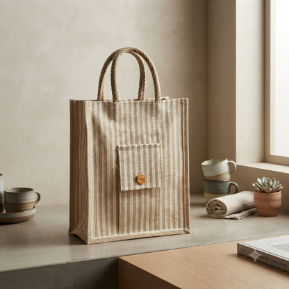 Striped Eco Tote Bag with Front Pocket & Button Accent 👜