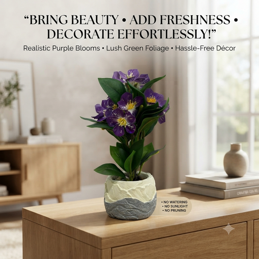 Artificial Purple Flower Bonsai Plant with Textured Two-Tone Ceramic Pot