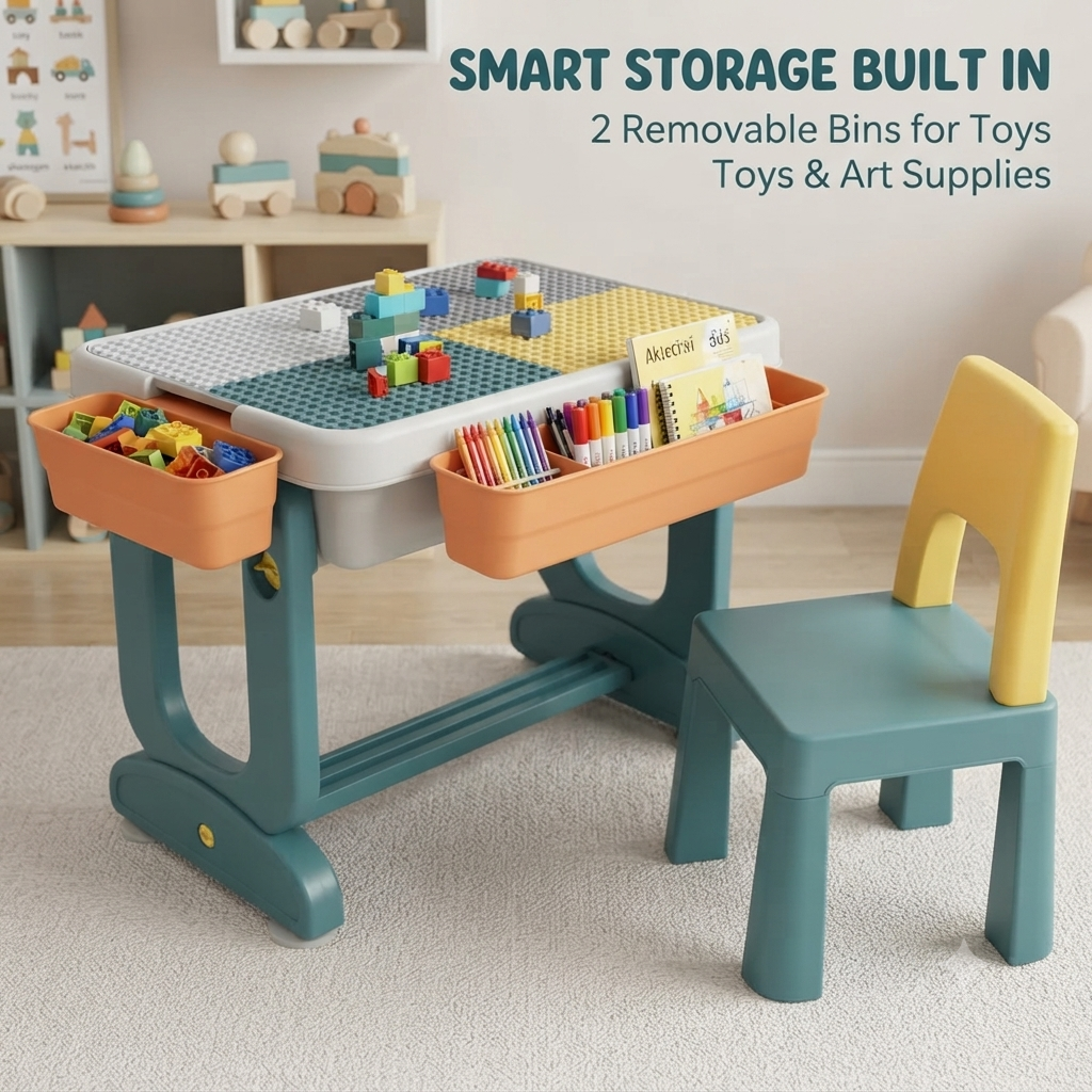 Multifunctional Kids Building Block Table & Chair Set with Storage Bins