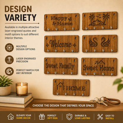 🏡 Wooden Key Holder with 4 Metal Hooks for Wall Decor