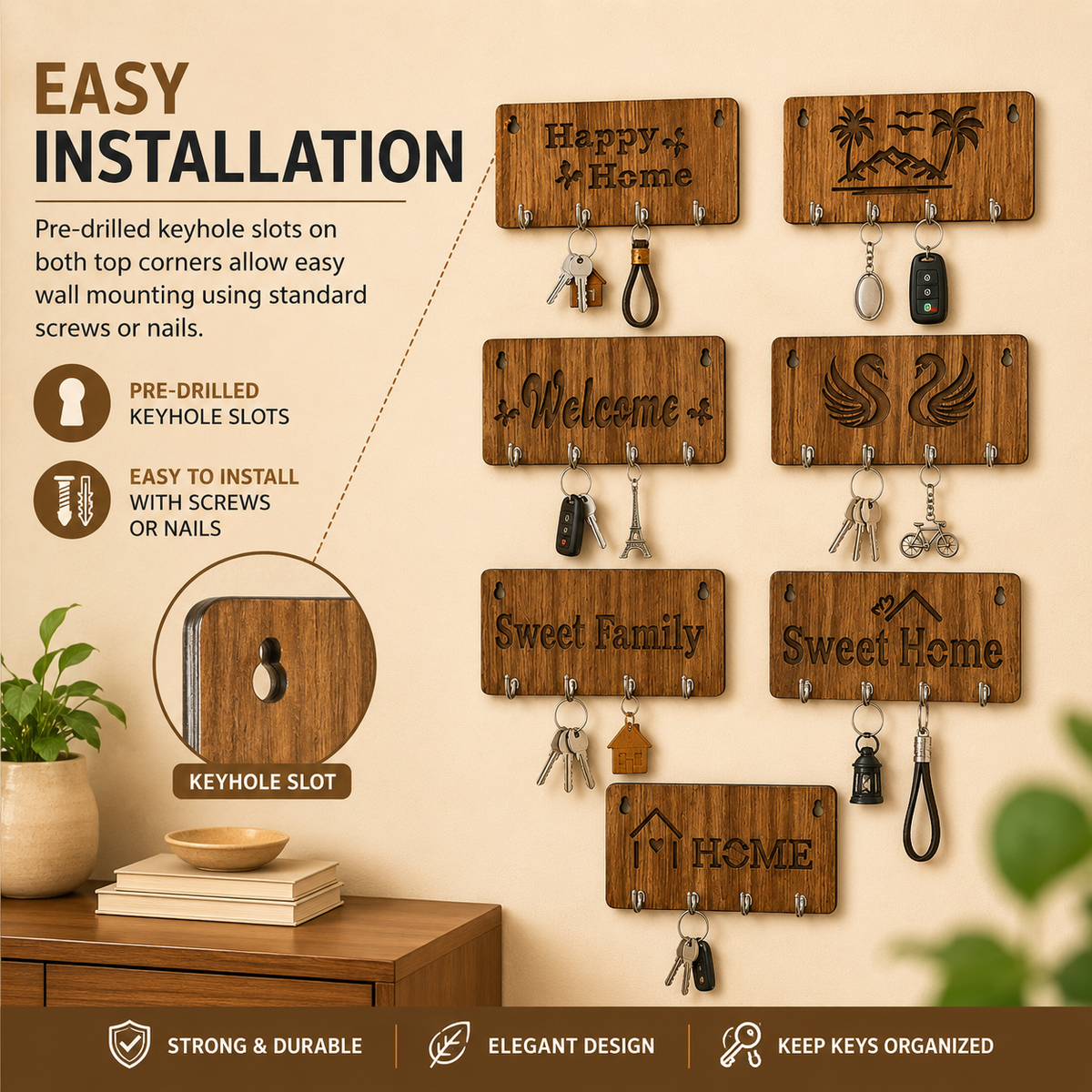 🏡 Wooden Key Holder with 4 Metal Hooks for Wall Decor