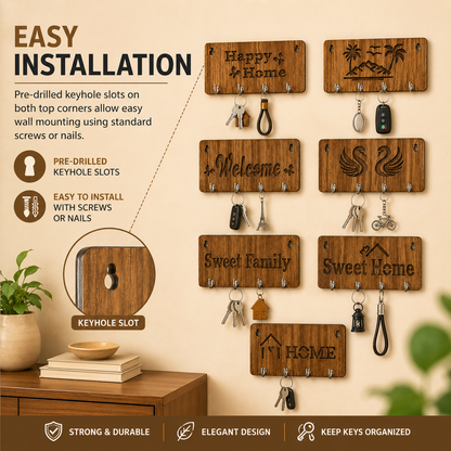 🏡 Wooden Key Holder with 4 Metal Hooks for Wall Decor