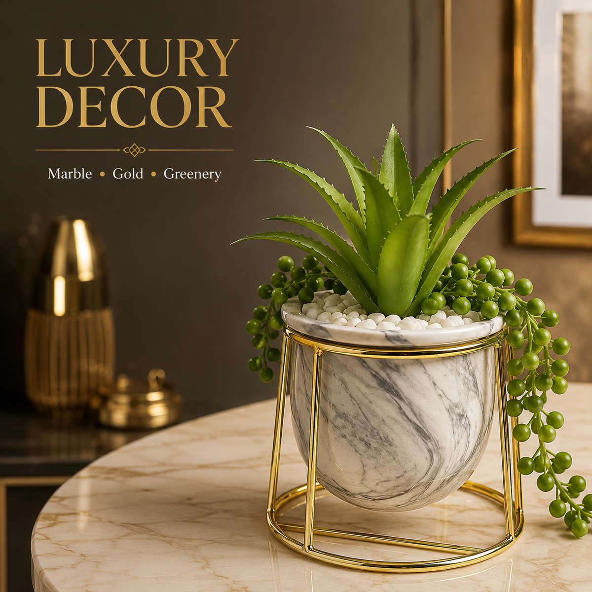 Artificial Plant in Ceramic Marble Pot with Gold Metal Stand