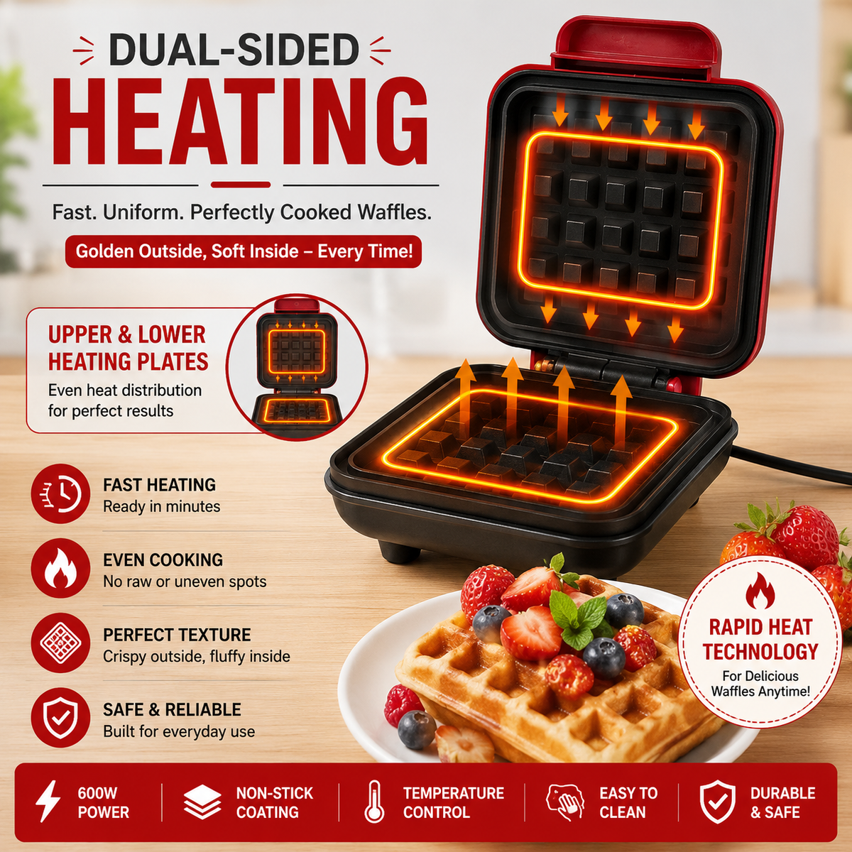 Electric Waffle Maker Machine for Home – 600W, Non-Stick 🧇