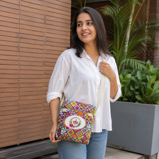 Shree Radha Printed Canvas Crossbody Sling Bag 👜