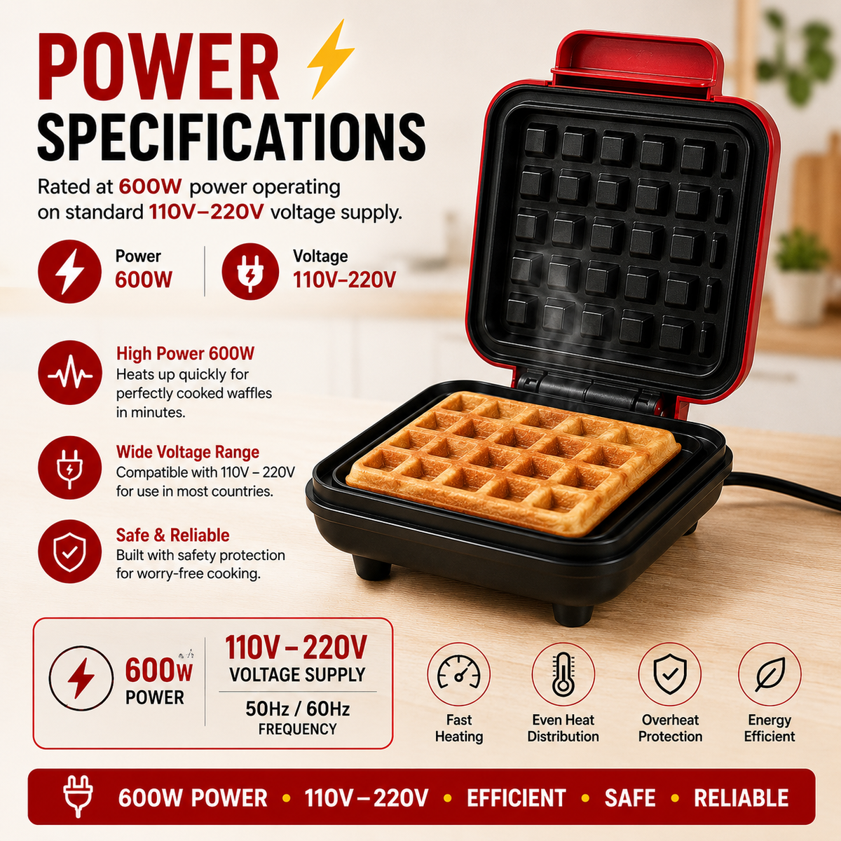 Electric Waffle Maker Machine for Home – 600W, Non-Stick 🧇