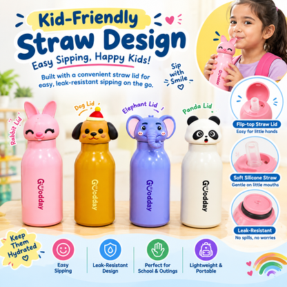 🐰 Cute Animal Face Straw Water Bottle for Kids – 450 ml