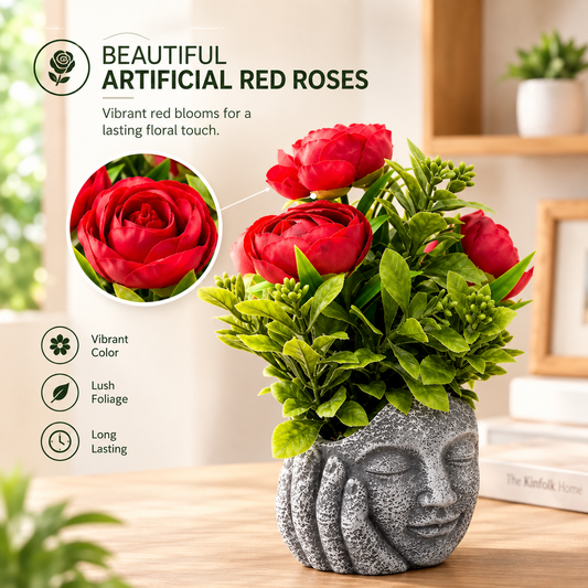 Artificial Red Rose Plant in Meditating Face Decorative Resin Pot 🌹