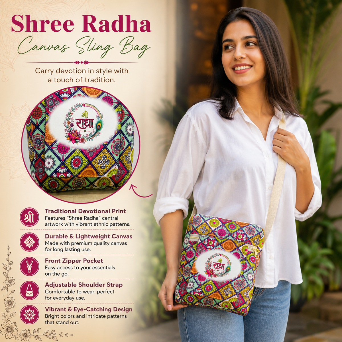 Shree Radha Printed Canvas Crossbody Sling Bag 👜