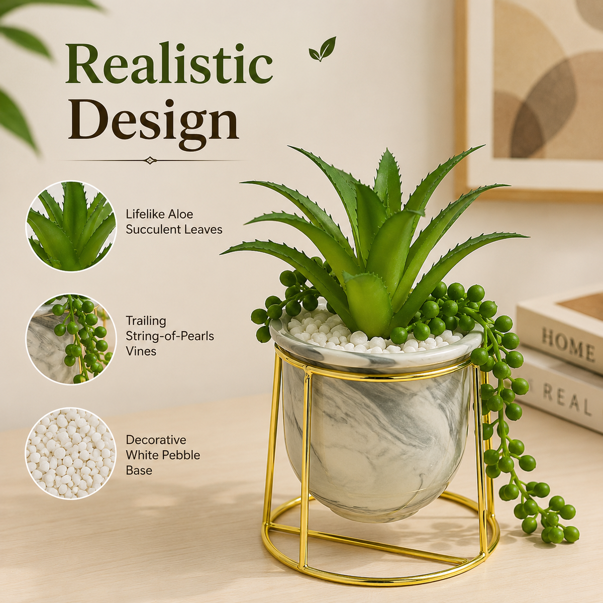 Artificial Plant in Ceramic Marble Pot with Gold Metal Stand