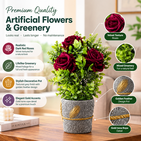 Artificial Dark Red Rose & Mixed Greenery in Golden Feather Textured Pot