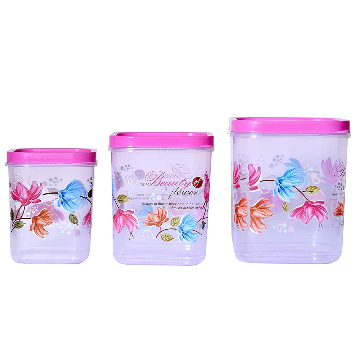 Kitchen Storage Containers Transparent 1000 ml, 2000 ml, 3000 ml Set of 3 Pink