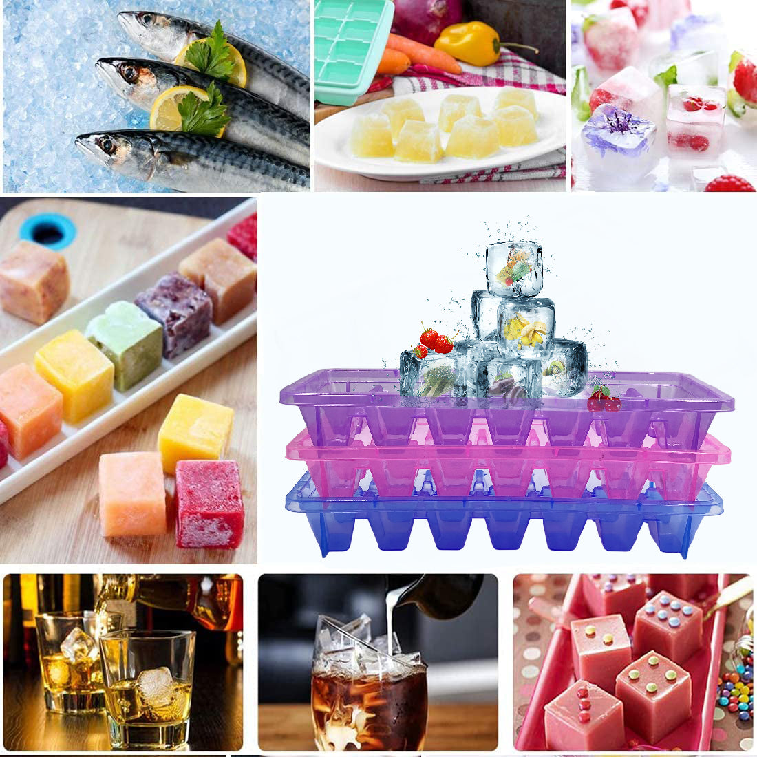 Plastic Ice Cube Trays for Freezer - BPA Free Plastic - 14 Classic-Size Ice Cubes Per Tray with Easy-Release Design - Multicolor