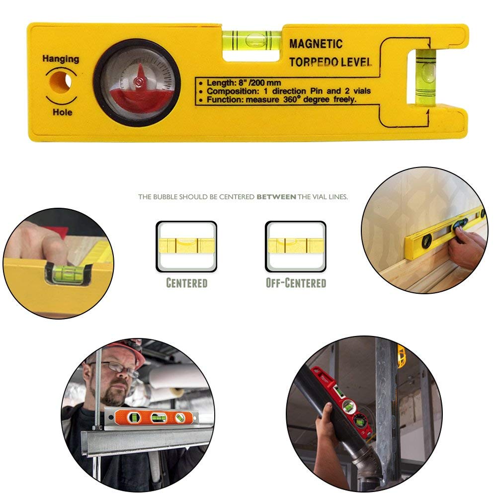 8-Inch Magnetic Torpedo Level with 1 Direction Pin | 2 Vials and 360 Degree View