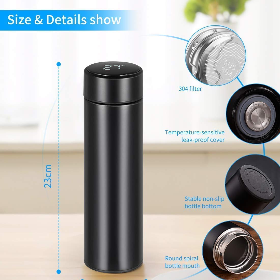 Temperature Water Bottle (Black, 500ml)