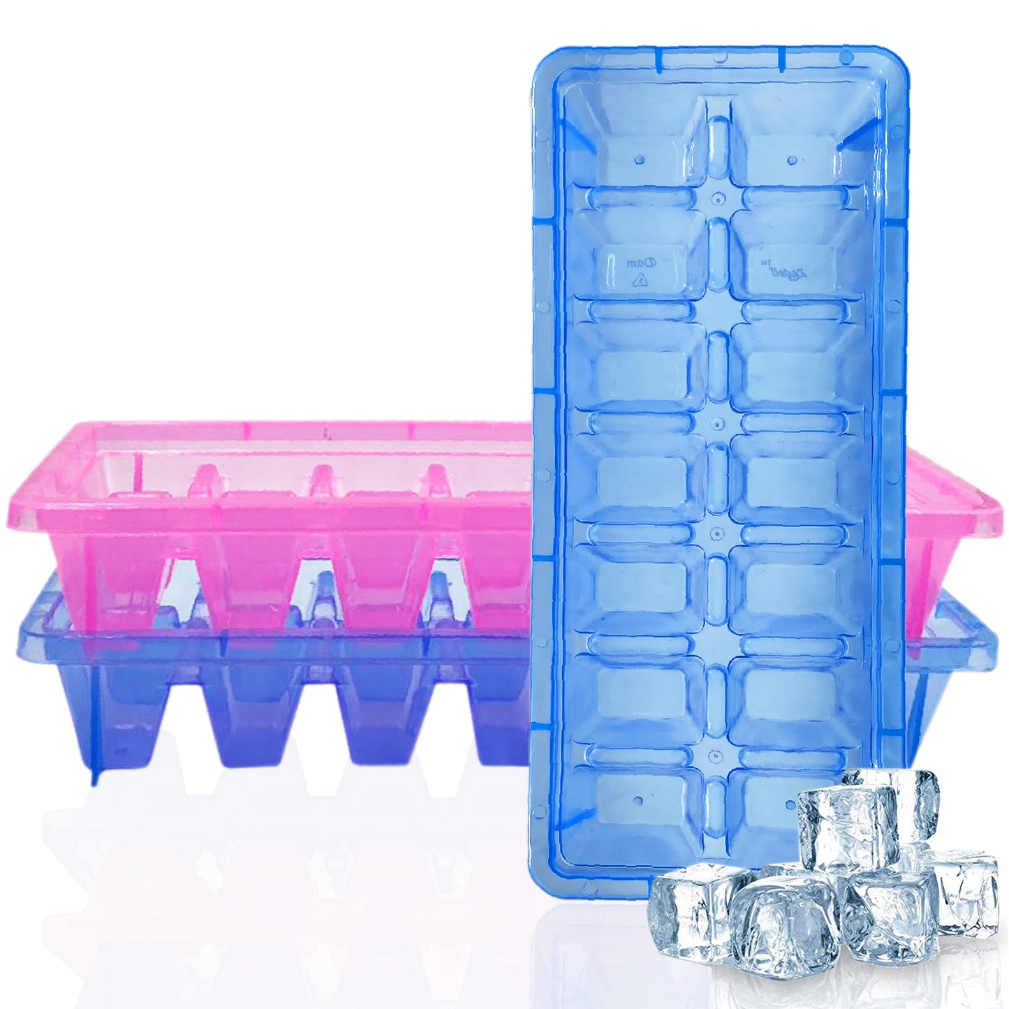 Plastic Ice Cube Trays for Freezer - BPA Free Plastic - 14 Classic-Size Ice Cubes Per Tray with Easy-Release Design - Multicolor